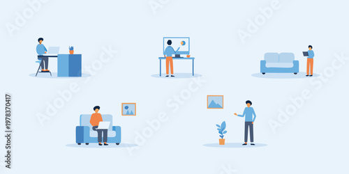 People working and relaxing in a modern minimalist home environment