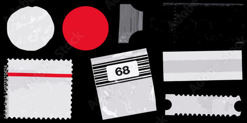 Assorted geometric shapes and film strip elements on a black background