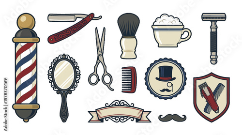 Barber tools and supplies in a classic style with vintage elements shown in a simple arrangement for hair and beard care