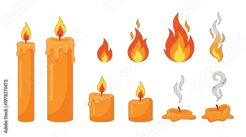Different types of candles and flames with drips and smoke in orange colors on a white background during daytime