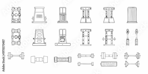 Technical blueprint illustration of various industrial machine components