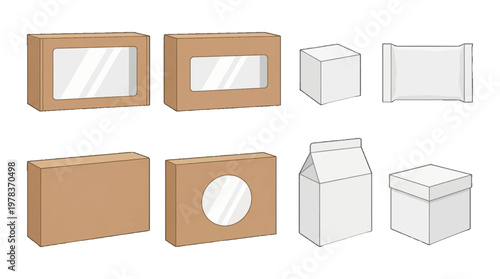Various types of packaging for products including boxes, cartons, and wrappers arranged in a flat layout for design purposes