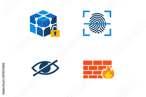 A collection of four cybersecurity icons including a locked data
