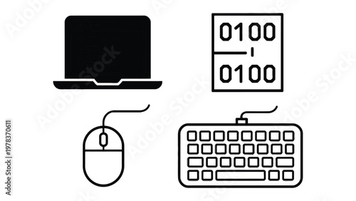 Coding Components: A minimalist design, showcasing a laptop, a mouse, a keyboard, and binary code, representing the essential elements of modern technology and programming.