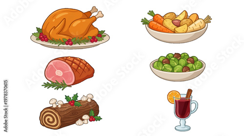 Holiday meal with main dishes and sides on a table during family gathering in winter season