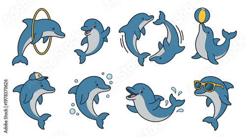 Dolphins play with a ball, swim in circles, jump through hoops, and show fun expressions in various activities at a marine park