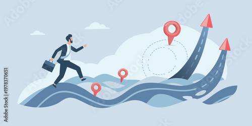 A businessman confidently advances toward growth and success on a winding path