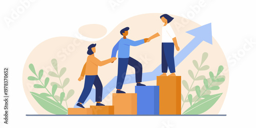 Teamwork and success people climbing steps towards a bright future