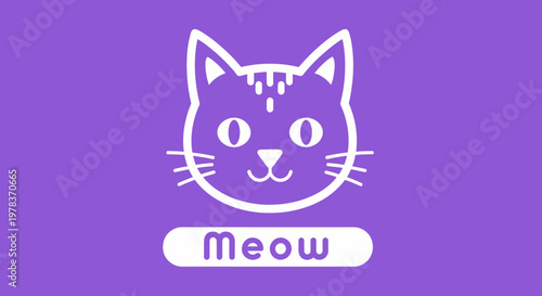 A whimsical illustration of a cat face on a purple background with a meow text label.