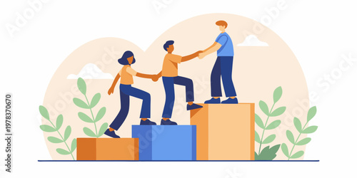 People helping each other climb steps towards success and collaboration
