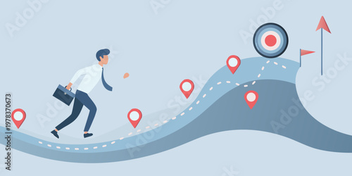 A businessman runs towards success navigating challenges along a winding path