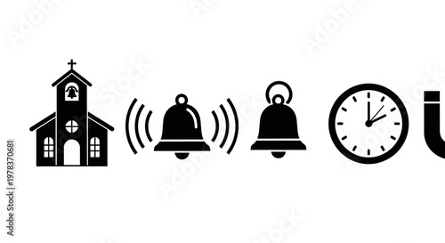 A church with ringing bells next to a clock on the wall.