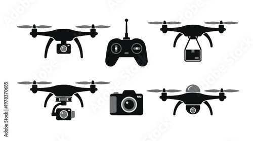 Different types of drones with controllers and cameras in a simple design on a plain background