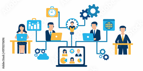 Connected professionals collaborating with technology and data visualization