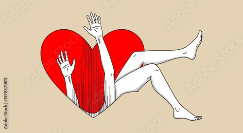 A person lies on their back with a large red heart covering their torso in a graphic illustration.