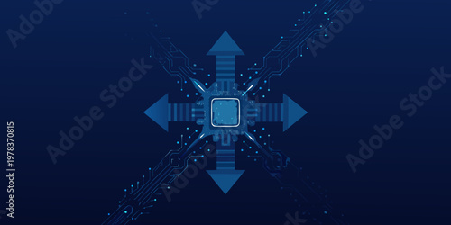 Quadro su tela Abstract digital circuit with central processor and directional arrows