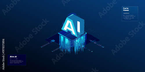 Isometric illustration of artificial intelligence emerging from a digital box