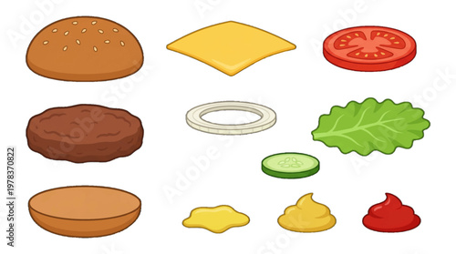 Different ingredients ready for making a burger with bread, cheese, vegetables, and sauces at a fast food restaurant