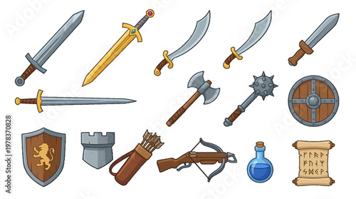 Various types of weapons and armor displayed on a white background for a fantasy theme or game design