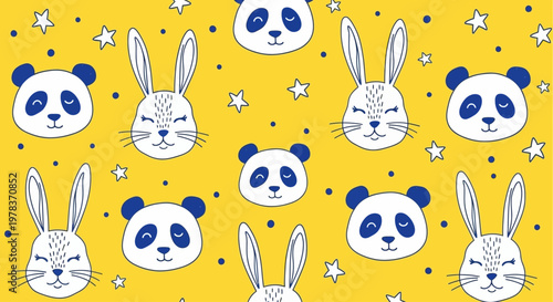 Cute cartoon pandas and rabbits on yellow background with stars