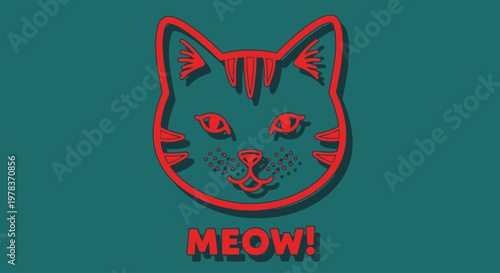 Vibrant illustration of a cat's face with MEOW text on teal background