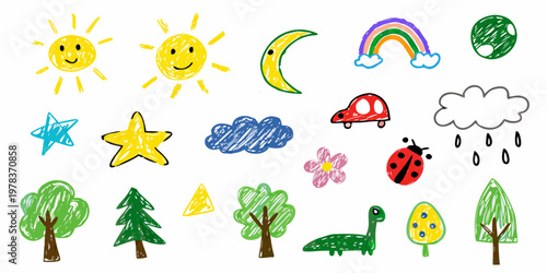 Schilderij op canvas Colorful childlike drawing featuring suns rainbows trees and various objects