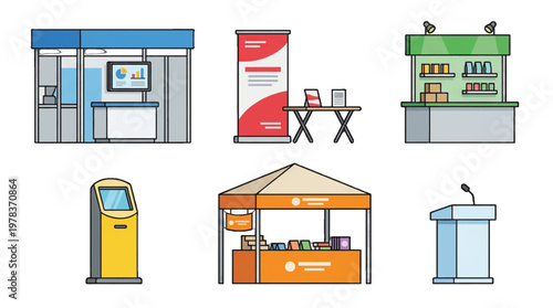 Various display booths in a public setting with informational materials and presentation areas during an exhibition event