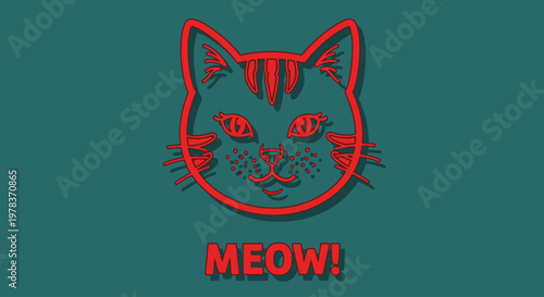 A whimsical illustration of a cat's face with MEOW! text on a dark green background