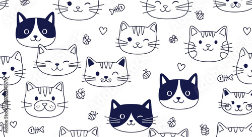 A cute cartoon cats faces pattern with hearts and toys on a white background