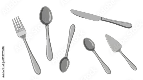 Forks, spoons, and knife are laid out on a plain background for a simple dining setup with an organized appearance