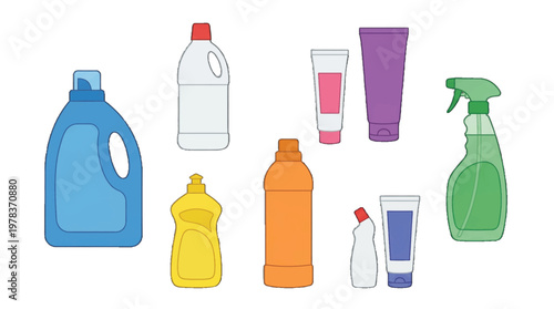 Various cleaning and personal care products arranged on a plain background for display and use in daily routines during the day