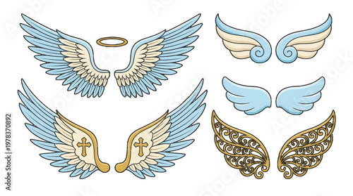 Different styles of angel wings with halos and decorative elements shown against a plain background