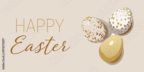 Happy easter greeting card with speckled eggs and golden lettering