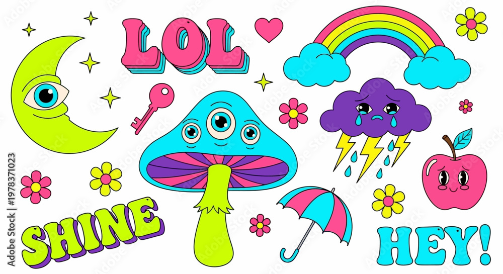 Naklejka premium A whimsical illustration of a smiling mushroom with a rainbow, surrounded by colorful text and playful cartoon elements.