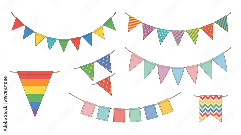 Fototapeta premium Colorful flag banners are displayed in various patterns for celebrations and events at a community gathering in a park during summer