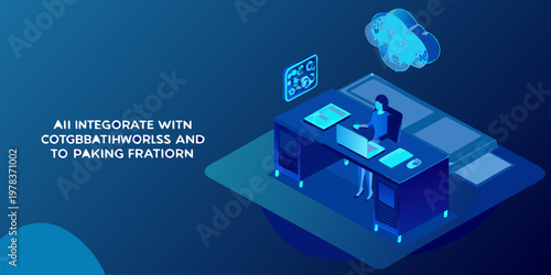 Isometric illustration of a woman working at a modern tech focused desk