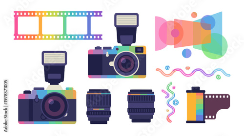 Different types of cameras and film, along with lens and colorful shapes arranged together on a white background