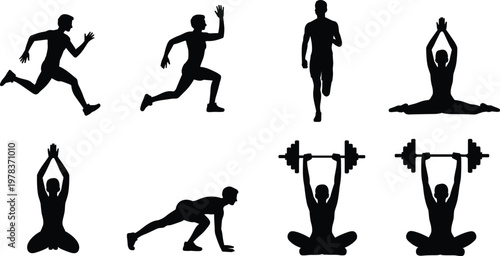 Dynamic silhouettes of athletes running, stretching, practicing yoga, and weightlifting showcasing diverse fitness exercises and healthy lifestyle activities illustration