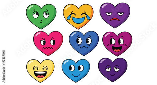 Colorful hearts with various emotions are displayed in a grid.