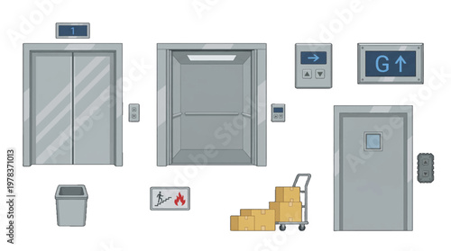 Elevator design with buttons, control panels, and safety signs in a building setting at various levels
