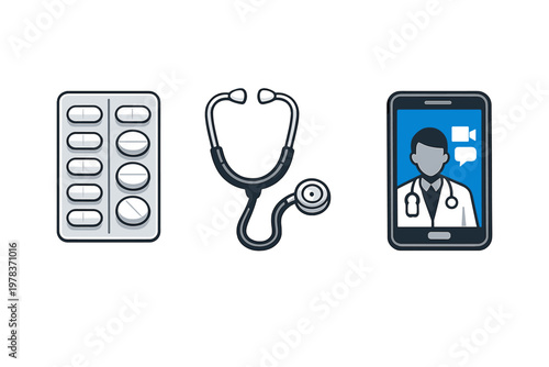 A flat vector illustration featuring three isolated medical icons