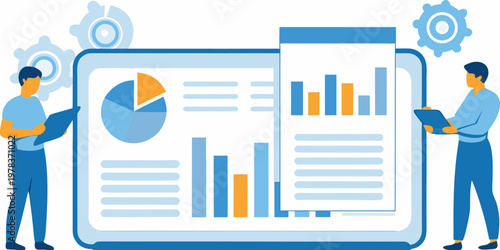Team analyzing data and charts on large digital display screen