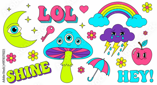 A whimsical illustration of a smiling mushroom with a rainbow, surrounded by colorful text and playful cartoon elements.