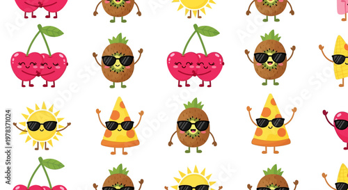 Colorful fruit characters dancing outdoors under the sunny sky with sunglasses on