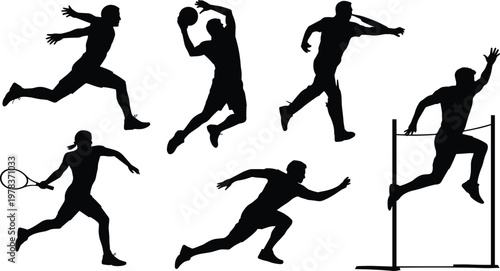 Dynamic silhouettes of athletes running, jumping, playing tennis, hurdling, and throwing ball showcasing sports energy and physical motion