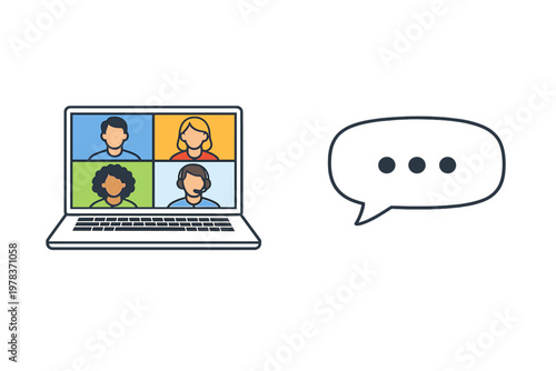 A flat vector illustration showing a laptop screen with four people