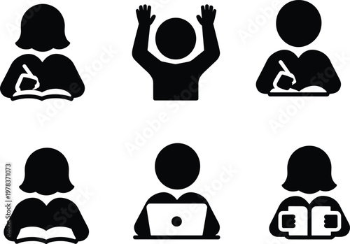 Education silhouettes showing reading, writing, studying, laptop use, learning activities, student poses, and academic illustration for knowledge vector design