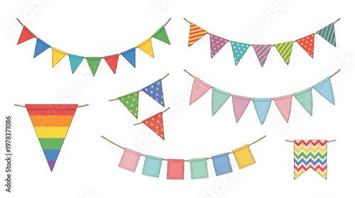 Colorful flag banners are displayed in various patterns for celebrations and events at a community gathering in a park during summer