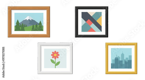 Different types of framed artwork displayed on a wall in a modern setting with various themes and colors