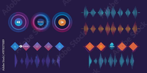 Abstract music equalizer and player interface elements in vibrant colors